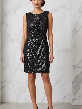 Donna Ricco Black Sequin Cocktail Sheath Dress